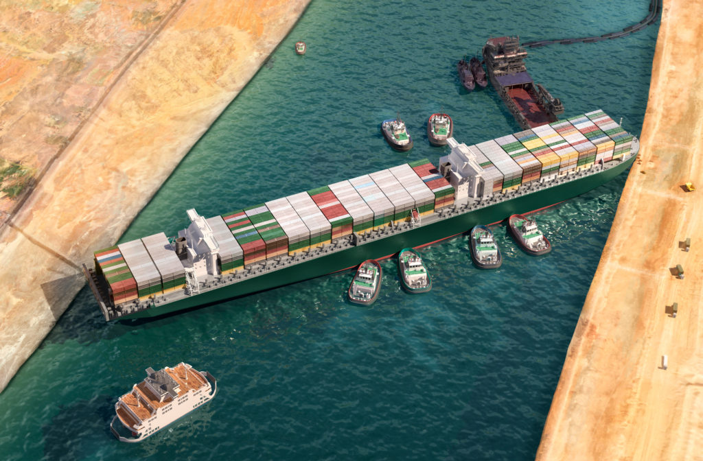 Ever given has been freed in Suez Canal. Effort to refloat vast wedged container cargo ship by tug boats, dredger ship 3D illustration. Giant cargo ship dislodged and refloated in Egyptian Suez canal