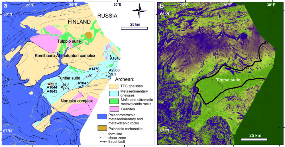 Figure 1. a) Lithological map of the Tuntsa Suite and surrounding areas, simplified from Bedrock of Finland – DigiKP, Digital map database [Electronic resource]. Espoo: Geological Survey of Finland (bedrock_of_finland_200k.xml); b) A pseudocolour magnetic map, purple = magnetic maximum, green = magnetic minimum, the Tuntsa Suite is outlined. In a) the dots with numbers refer to the sites of the studied samples.