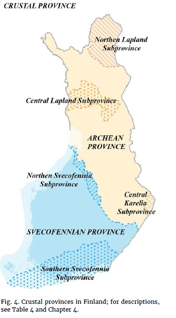 Suomen maankuoren provinssit (kts. myös alkuperäinen englanninkielinen kuvateksti).
