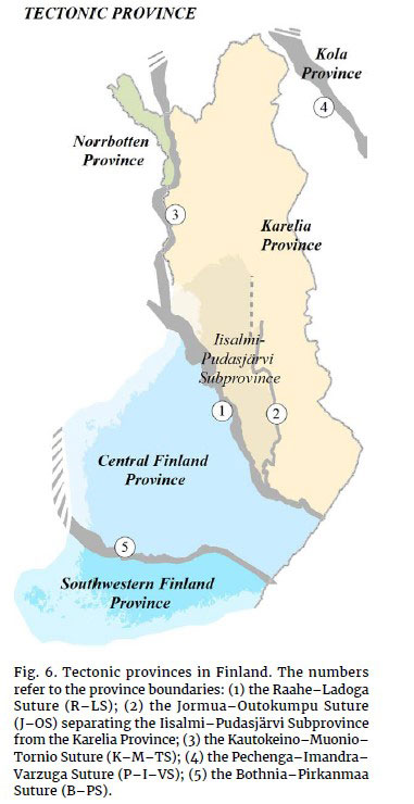 Suomen tektoniset provinssit ja niiden rajat: (1) Raahe–Laatokka sutuuri (R–LS); (2) Jormua–Outokumpu sutuuri (J–OS); (3) Kautokeino–Muonio–Tornio sutuuri (K–M–TS); (4) Pechenga–Imandra–Varzuga sutuuri (P–I–VS); (5) Pohjanmaa–Pirkanmaa sutuuri (B–PS). (kts. myös alkuperäinen englanninkielinen kuvateksti).