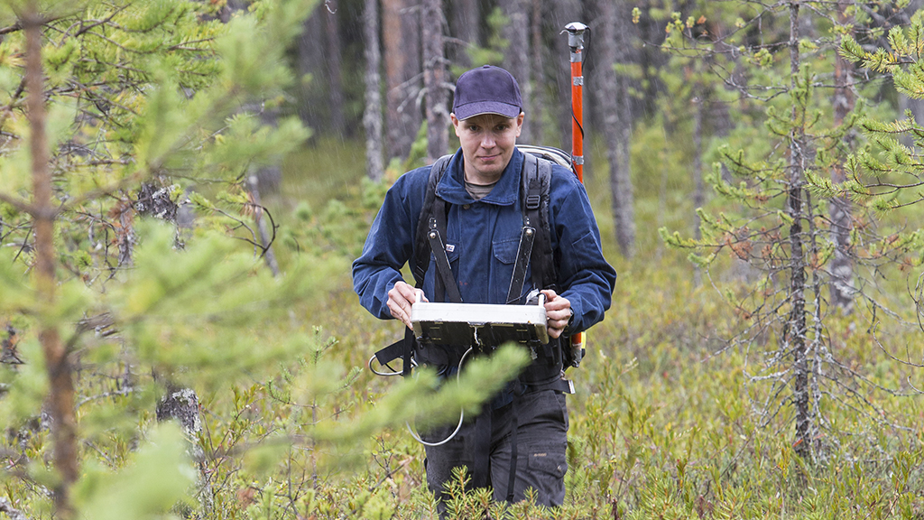 Geolologi tekee maastotutkimuksia suolla