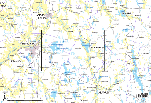 Karttakuva tutkimusalueesta, joka ulottuu osittain Seinäjoen, Lapuan ja Kuortaneen alueelle.