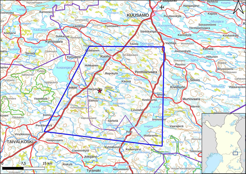 Kartta maastotutkimusalueesta