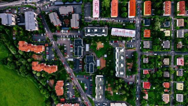 Aerial view of a small town or village in Europe from the drone. Finland countryside in summer.