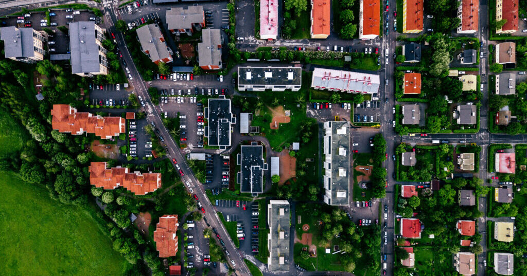 Aerial view of a small town or village in Europe, Finland