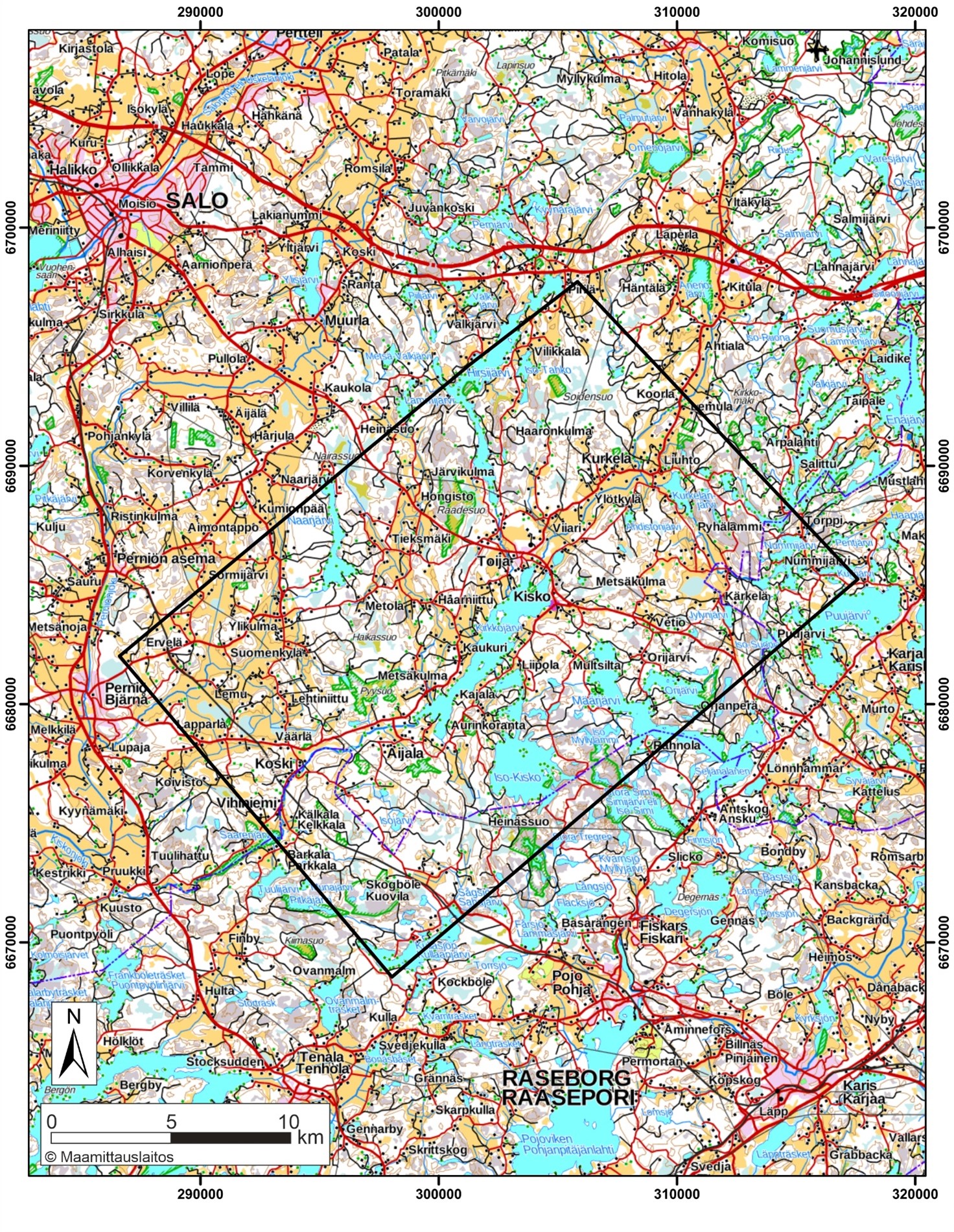 Kartalla kallioperätutkimuksien alue Salon ja Raaseporin kunnissa