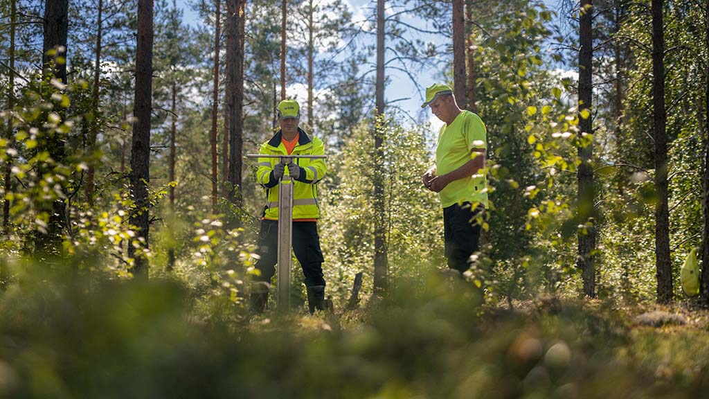Kaksi tutkijaa tekee suo- ja turvetutkimuksia maastossa