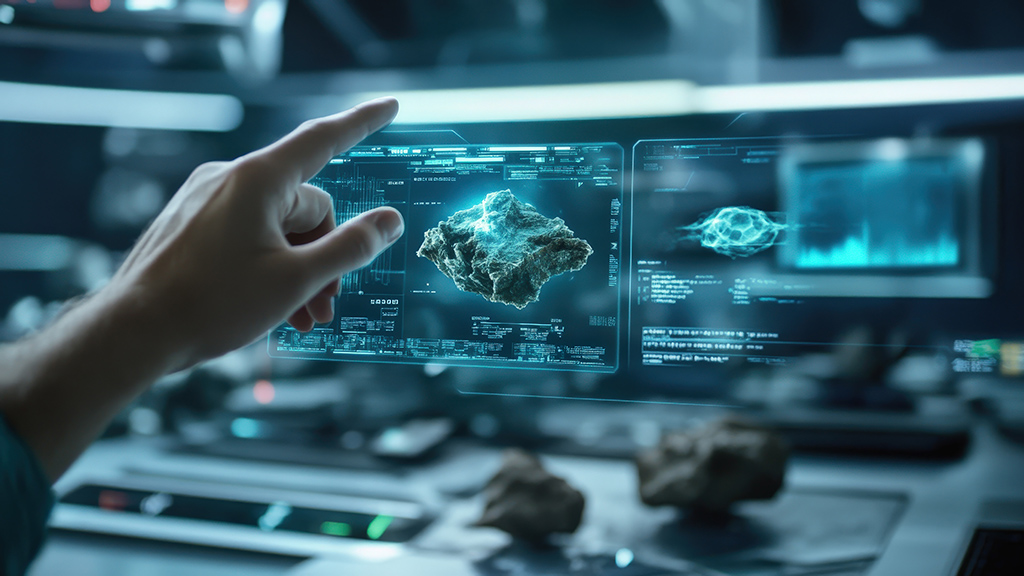 Käsi osoittaa holografiseen näyttöön, jossa on kiven 3D-malli ja tieteellistä dataa.