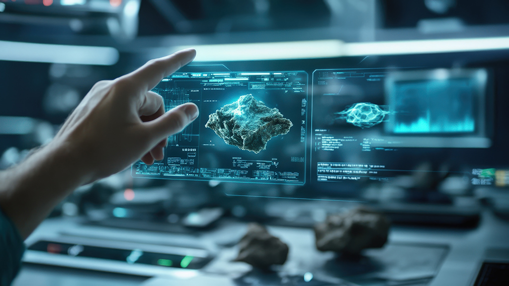 A hand points at a holographic screen displaying a 3D model of a rock and scientific data.