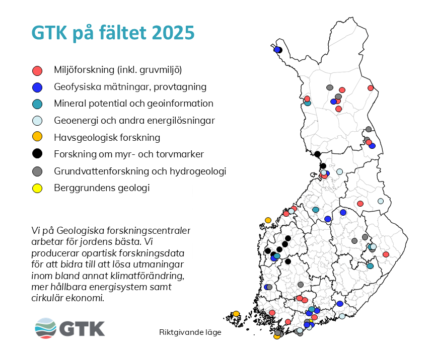 Karta över Finland med färgade prickar som visar Geologiska forskningscentralens fältarbetsplatser för år 2025 enligt olika forskningsämnen. Till vänster finns en förklaring till färgerna för ämnen som miljöforskning, geofysiska mätningar och grundvattenforskning.