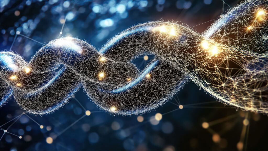 Digital chain with web-like connections and light points on a dark background.