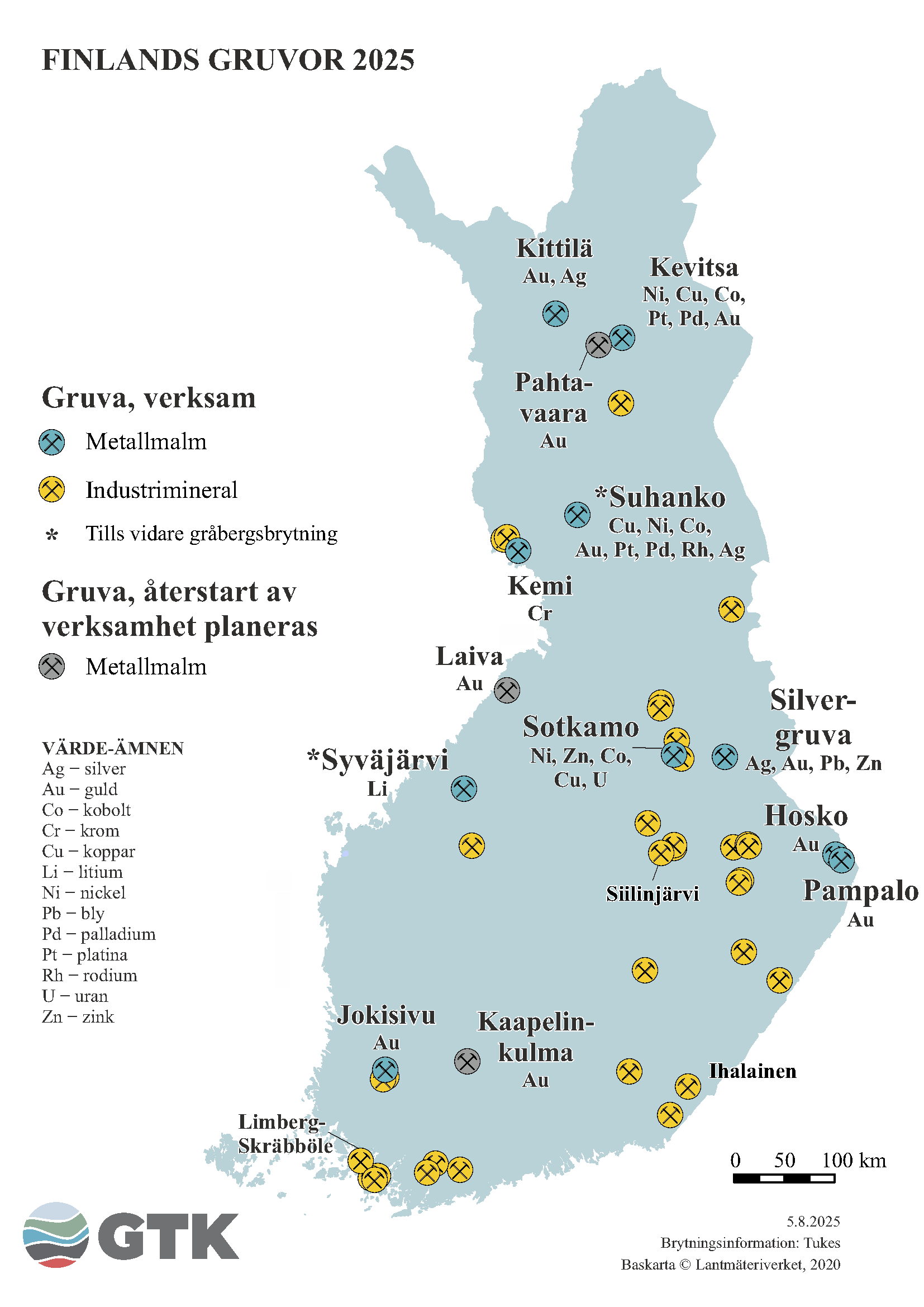 En karta som visar gruvornas lägen i Finland år 2025. Kartan visar metallmalmgruvor, industrimineralgruvor och gruvor som planeras att öppnas på nytt. Kartan visar också vilka värdefulla ämnen som bryts, såsom guld, nickel och litium.