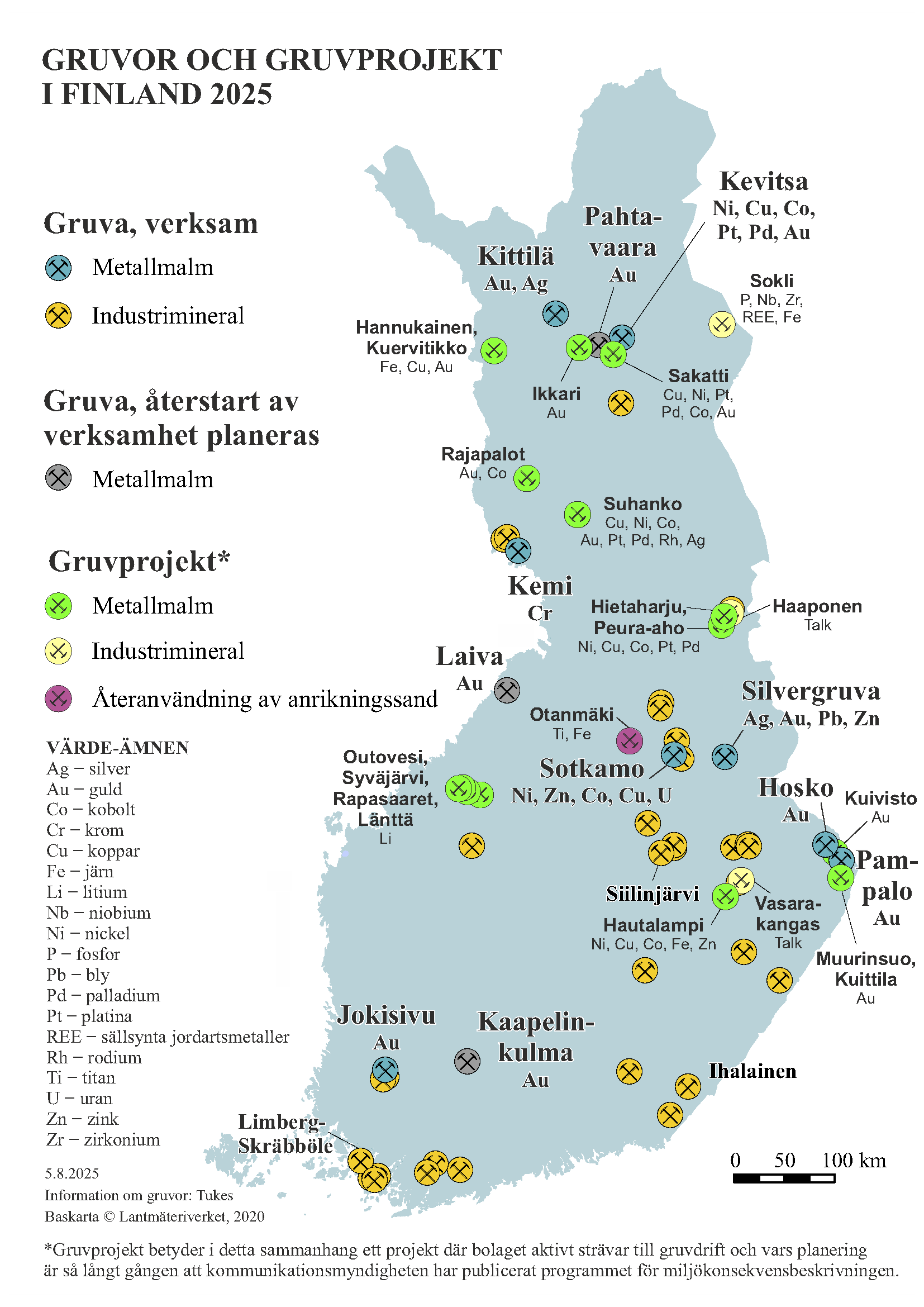 En karta som visar lägena för gruvor och gruvprojekt i Finland år 2025. Kartan visar aktiva gruvor, gruvor som planeras att öppnas på nytt samt gruvprojekt som gäller metallmalm, industrimineraler eller återvinning av anrikningssand. Kartan visar också vilka värdefulla ämnen som finns vid varje plats, såsom guld, koppar och litium.