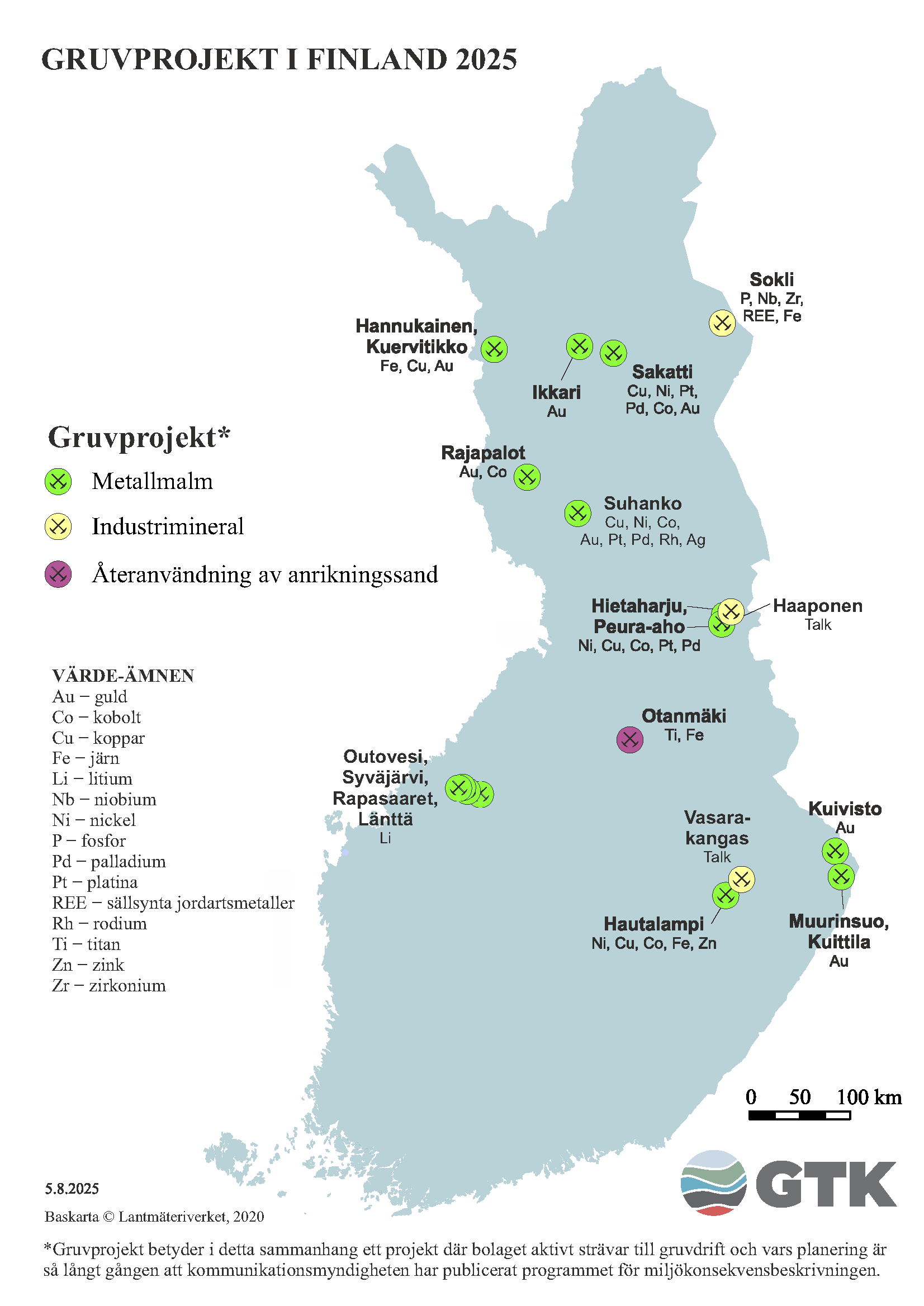 En karta som visar gruvprojektens lägen i Finland år 2025. Kartan visar metallmalmsprojekt, industrimineralprojekt och projekt för återvinning av anrikningssand. Kartan visar också vilka värdefulla ämnen som planeras att utvinnas, såsom guld, koppar och litium.