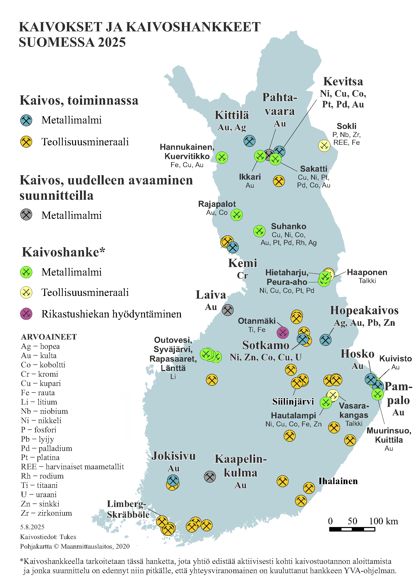 Kartta, joka esittää kaivosten ja kaivoshankkeiden sijainnit Suomessa vuonna 2025. Kartassa on merkitty toiminnassa olevat kaivokset, suunnitellut uudelleen avattavat kaivokset sekä aktiivisesti edistetyt kaivoshankkeet, jotka koskevat metallimalmeja, teollisuusmineraaleja tai rikastushiekan hyödyntämistä. Kartassa näkyvät myös eri kohteissa esiintyvät arvoaineet kuten kulta, kupari ja litium.