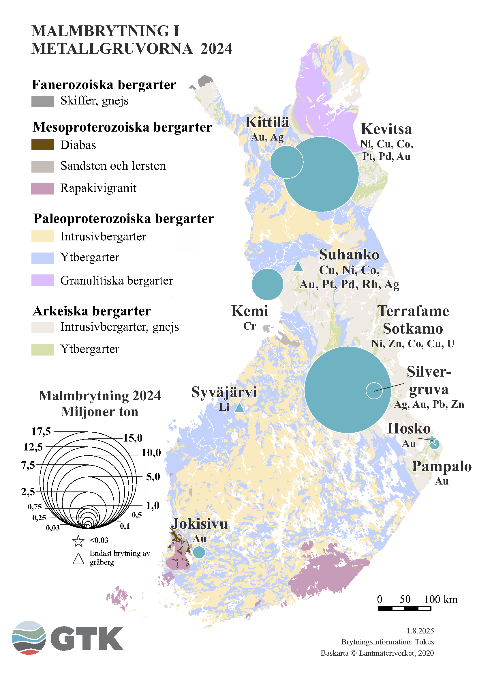 En karta som visar mängden malmbrytning vid metallmalmsgruvor i Finland år 2024. Kartan visar olika bergarter i landet samt gruvornas lägen. Cirklarnas storlek anger brytningsmängden. Kartan visar också platser där endast sidosten bryts samt platser med produktion under 0,03 miljoner ton.