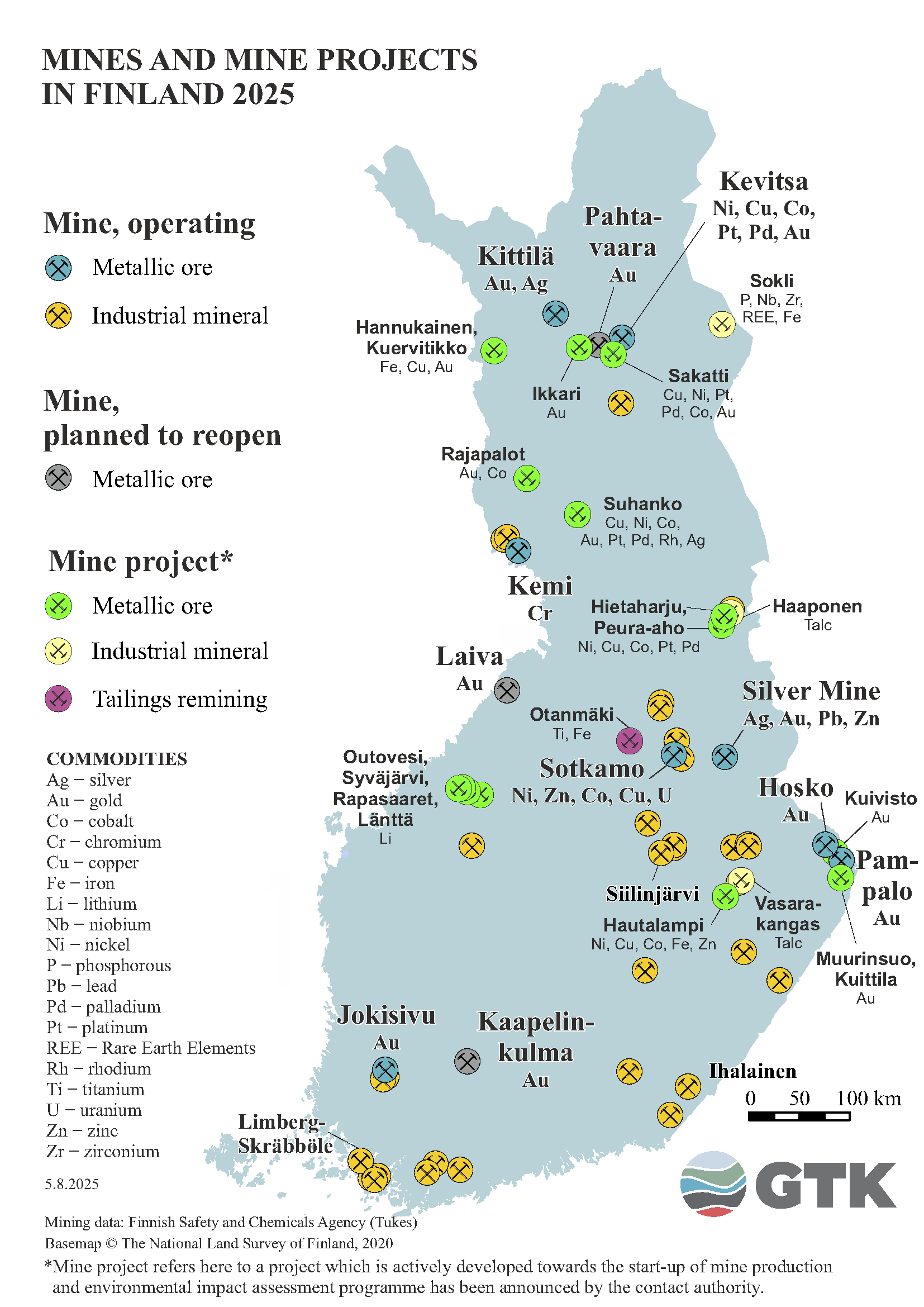 A map showing the locations of operating mines and mining projects in Finland in 2025. The map marks active mines, mines planned for reopening, and mining projects focused on metal ores, industrial minerals, or tailings reprocessing. It also shows the valuable elements present at each site, such as gold, copper, and lithium.