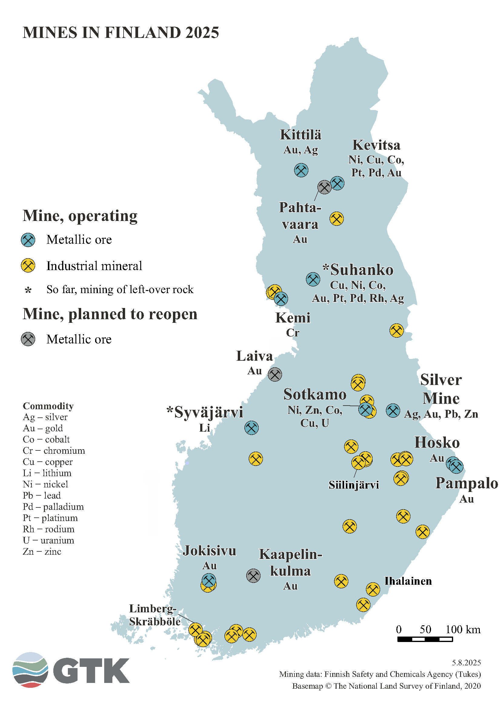 A map showing the locations of mines in Finland in 2025. The map indicates metal ore mines, industrial mineral mines, and mines planned for reopening. It also shows the valuable elements extracted at each site, such as gold, nickel, and lithium.