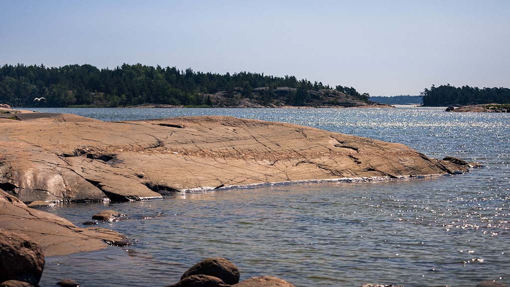 Rocky shoreline with water and forested islands in the background.