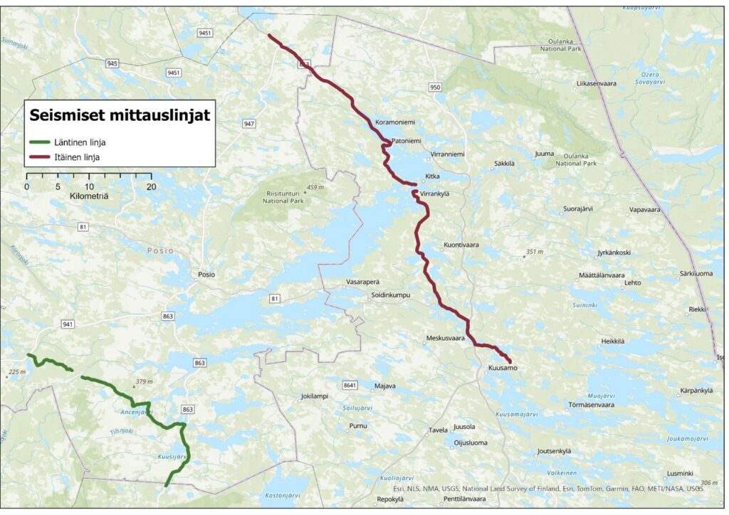 Ote Suomen kartasta, johon mittauslinjat on piirretty vihreällä ja punaisella viivalla.