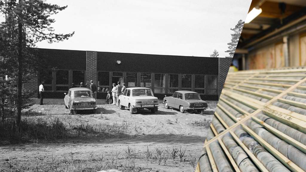 Black-and-white archive photo of a building and cars combined with a colour photo of drill cores.