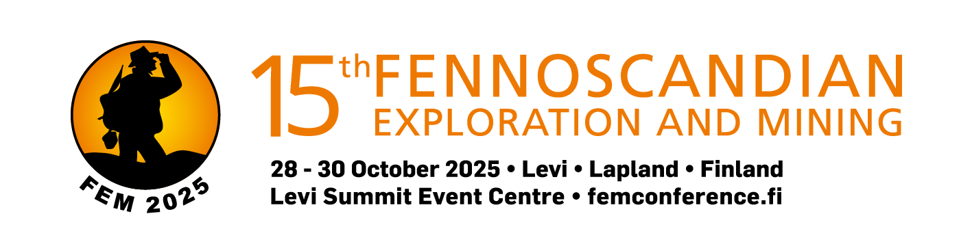 Tapahtumabenneri, jossa valkoinen pohja ja musta teksti: Fennoscandian Exploration and Mining conference..