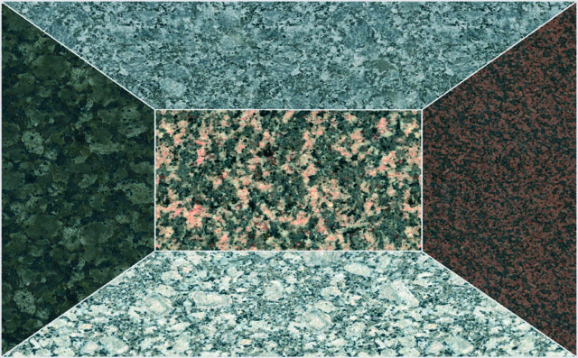 Kuvassa on viisi eriväristä graniittipintaa, jotka on aseteltu vierekkäin.