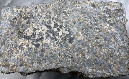 Kivinäyte, jossa on harmaita ja tummia kiteitä epäsäännöllisessä kuviossa.