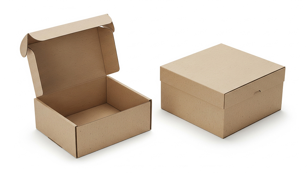 Two cardboard boxes sit on white surface, one open and one close.