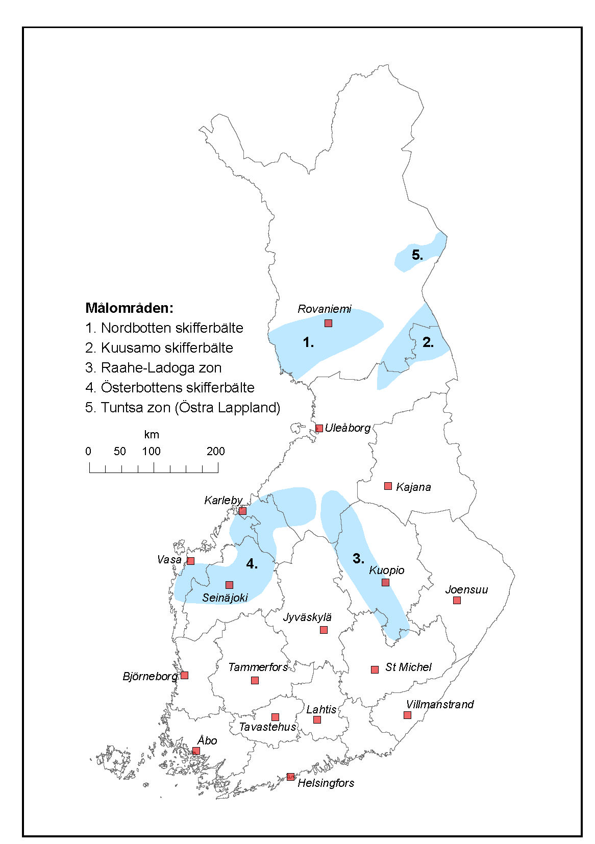 Karta över Finland med fem blåmarkerade målområden för ett undersökningsprogram. Områdena är numrerade och namngivna: 1. Nordbotten skifferbälte, 2. Kuusamo skifferbälte, 3. Raahe-Ladoga zon, 4. Österbottens skifferbälte, 5. Tuntsa zon (Östra Lappland). Kartan visar också städernas namn på svenska.