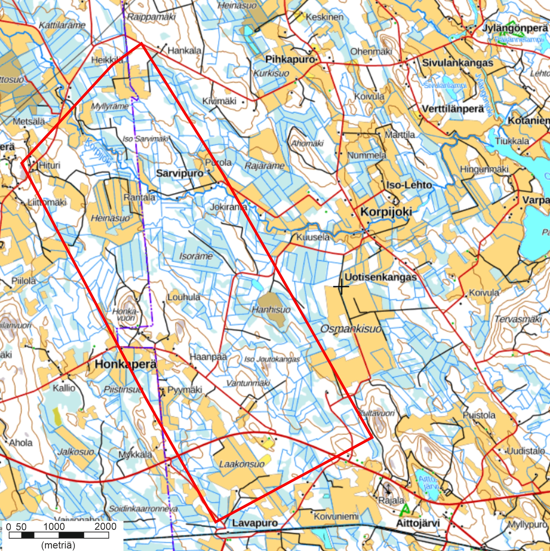 Topografinen kartta, jossa on punaisella rajattu alue. Kartalla näkyy paikannimiä kuten Sarvipuro, Honkaperä, Lavapuro ja Korpiojoki.