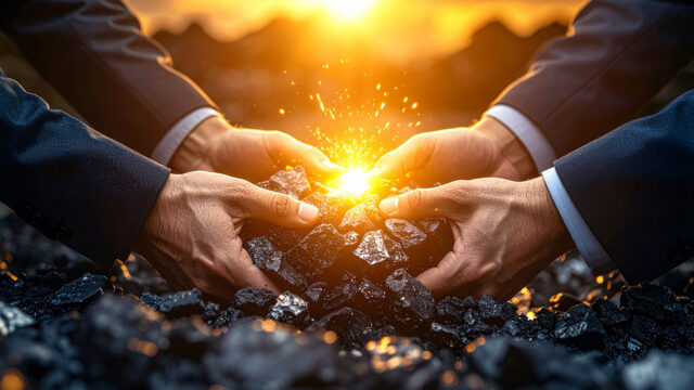 Neljä kättä pitelee kiviä, joiden keskeltä nousee kipinöitä ja valoa.