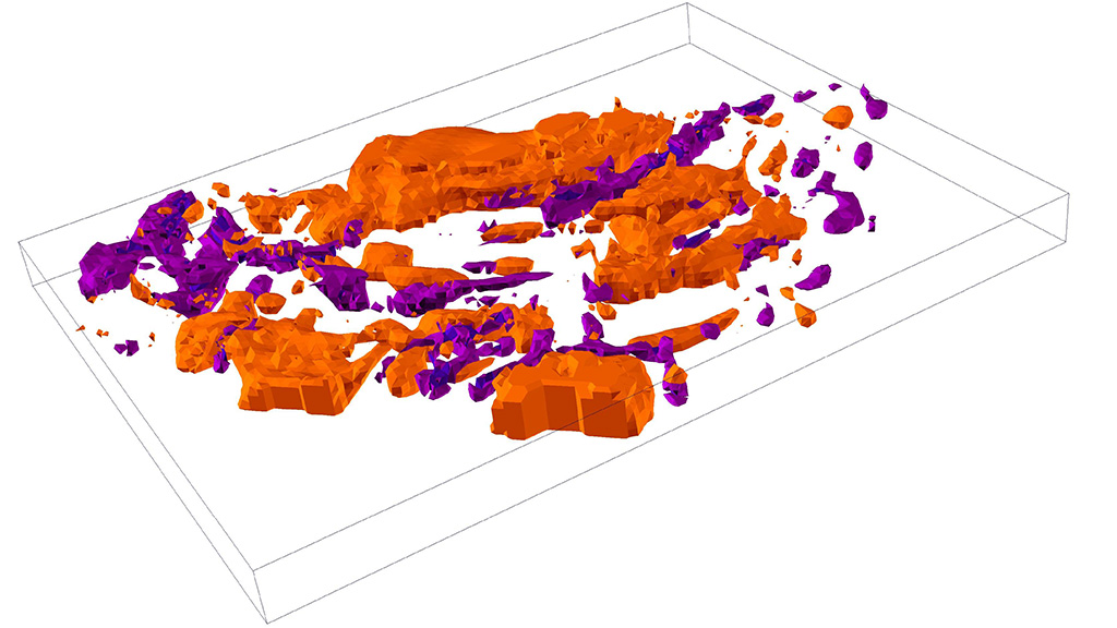 3D‑mallinnus, jossa näkyy erilaisia värikkäitä kallioperärakenteita suorakaiteen muotoisen kehyksen sisällä.