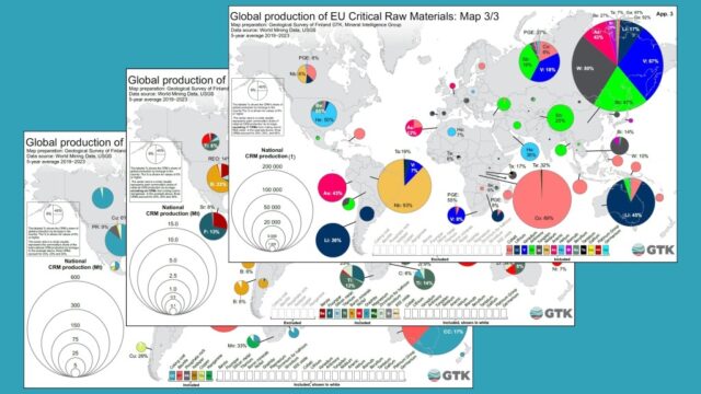 Kolme päällekkäistä karttaa maailman kriittisten raaka-aineiden tuotannosta. Kartoissa on ympyrädiagrammeja ja ympyröitä, jotka näyttävät tuotantomääriä ja osuuksia maittain.