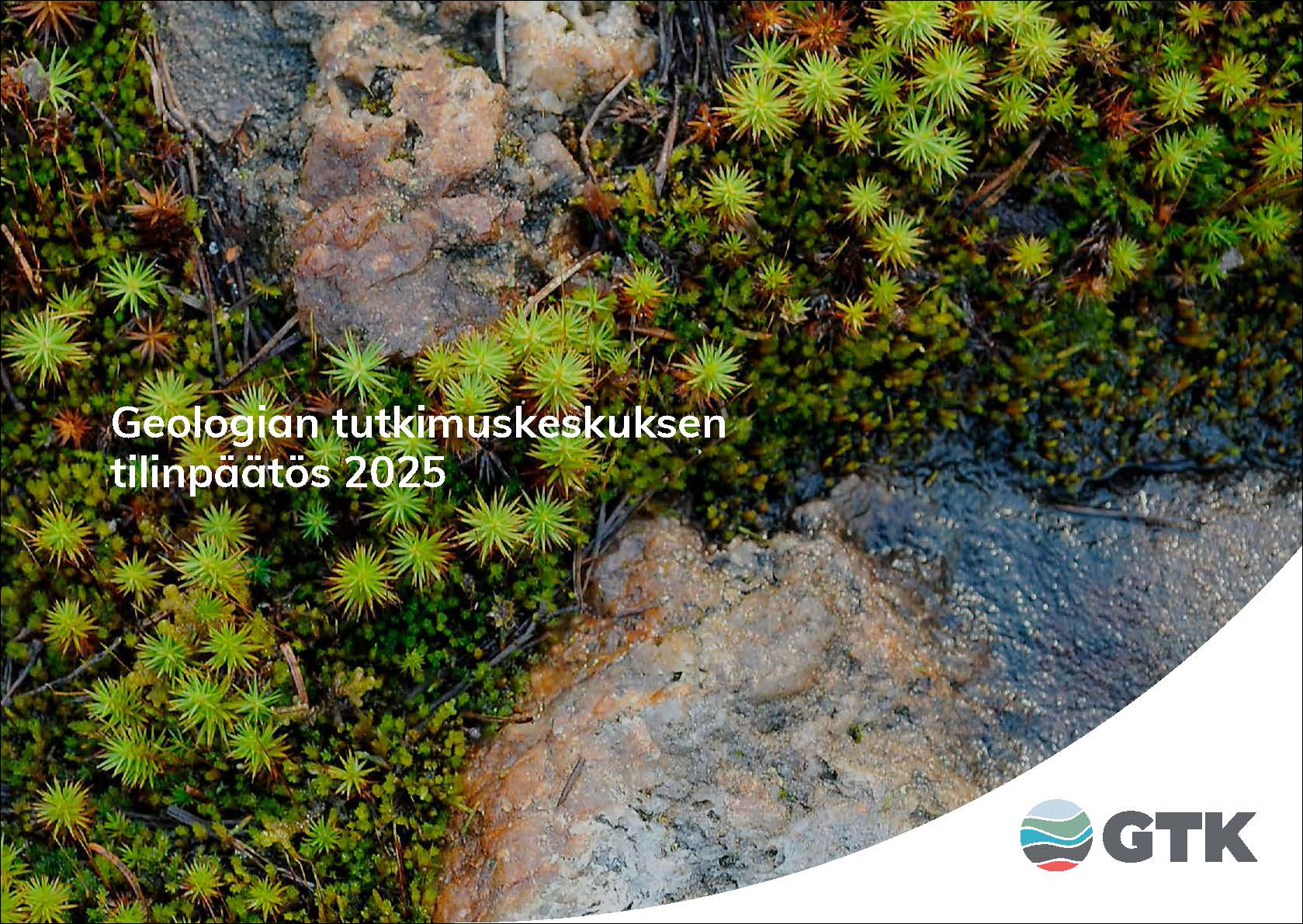 Sammalta ja kiviä maassa. Teksti "Geologian tutkimuskeskuksen tilinpäätös 2025" ja GTK-logo.