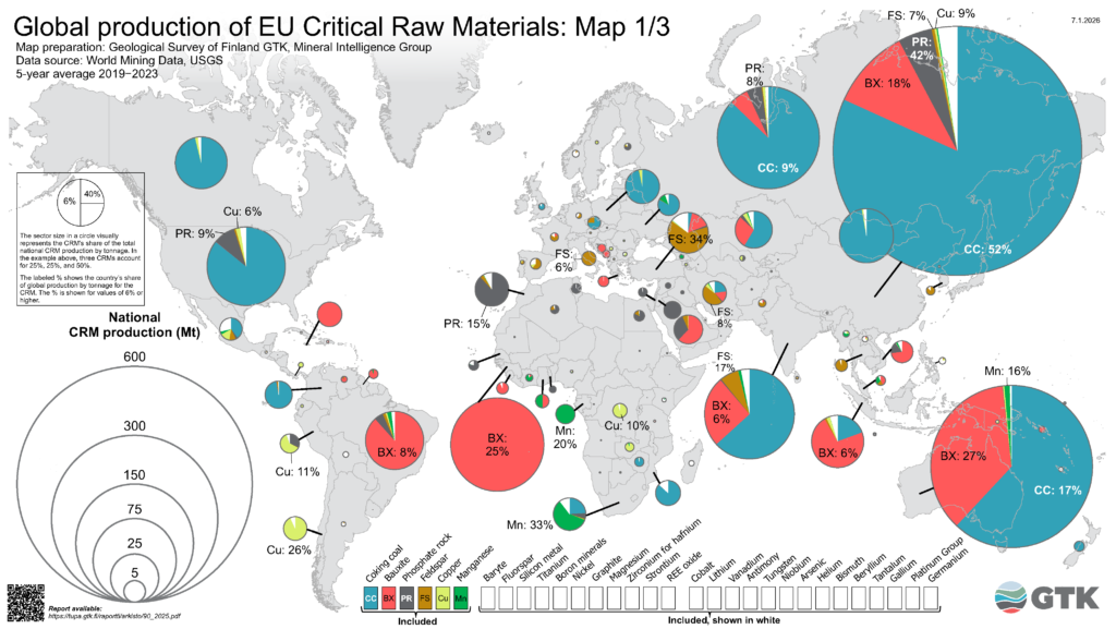 World map of EU critical raw materials production. The map shows pie charts and circles that present production amounts and shares by country.
