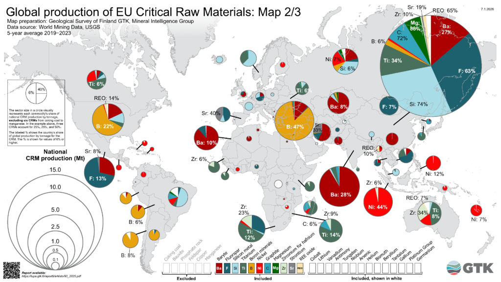 World map of EU critical raw materials production. The map shows pie charts and circles that present production amounts and shares by country.