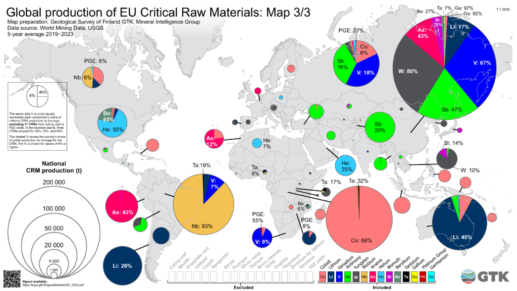 World map of EU critical raw materials production. The map shows pie charts and circles that present production amounts and shares by country.