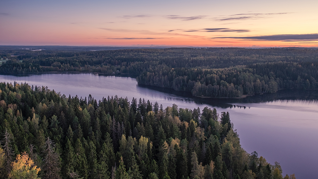 Maisema, jossa on järvi ja metsäistä luontoa auringonlaskun aikaan Aulangon luonnonsuojelualueella.