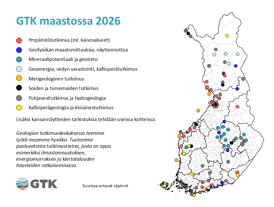 Kartta Suomesta otsikolla ”GTK maastossa 2026”. Kartassa on värillisiä pisteitä eri puolilla Suomea. Selite näyttää tutkimusteemat: ympäristötutkimus, geofysiikan maastomittaukset, mineraalipotentiaali ja geotieto, geoenergia ja vedyn varastointi, merigeologinen tutkimus, soiden ja turvemaiden tutkimus, pohjavesitutkimus ja hydrogeologia sekä kallioperägeologia ja kiviainestutkimus. Alareunassa on GTK:n logo ja teksti tutkimustyöstä Suomessa.