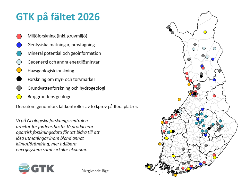 Karta över Finland med rubriken ”GTK på fältet 2026”. Kartan visar färgade punkter runt om i Finland. En teckenförklaring visar forskningsområden: miljöforskning, geofysiska mätningar, mineralpotential och geoinformation, geoenergi och energilösningar, havsgeologisk forskning, forskning om myr- och torvmarker, grundvattenforskning och hydrogeologi samt berggrundsgeologi. GTK:s logotyp finns längst ner.