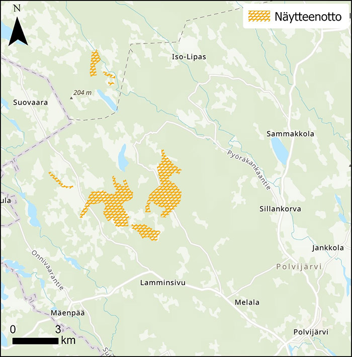 Karttakuva näytteenottoalueesta. Taustakartalla vihreän sävyistä maastoa sekä sinisellä väritetyt vesialueet. Näytteenottoalue on kuvattu karttaan rasteroidulla keltaisella tasolla.