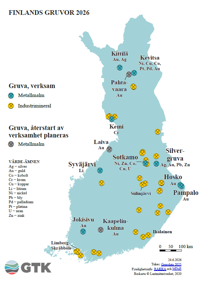 Karta över Finland med gruvor år 2026, platser, namn och mineraler, teckenförklaring.