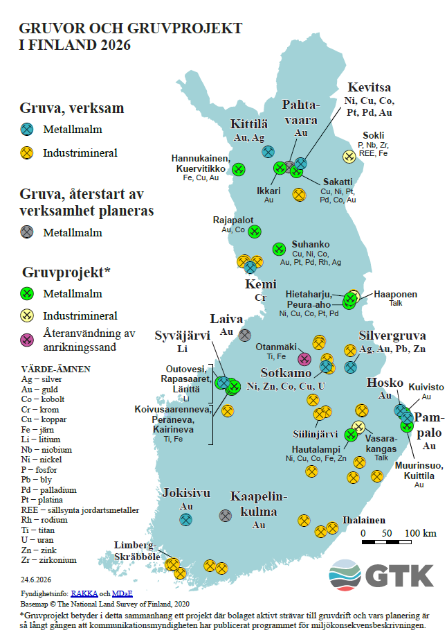 Karta över Finland med gruvor och gruvprojekt år 2026, platser, namn och mineraler samt teckenförklaring.