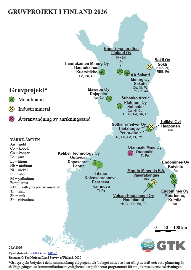 Karta över Finland med gruvprojekt år 2026, platser, namn, företag och mineraler, teckenförklaring.