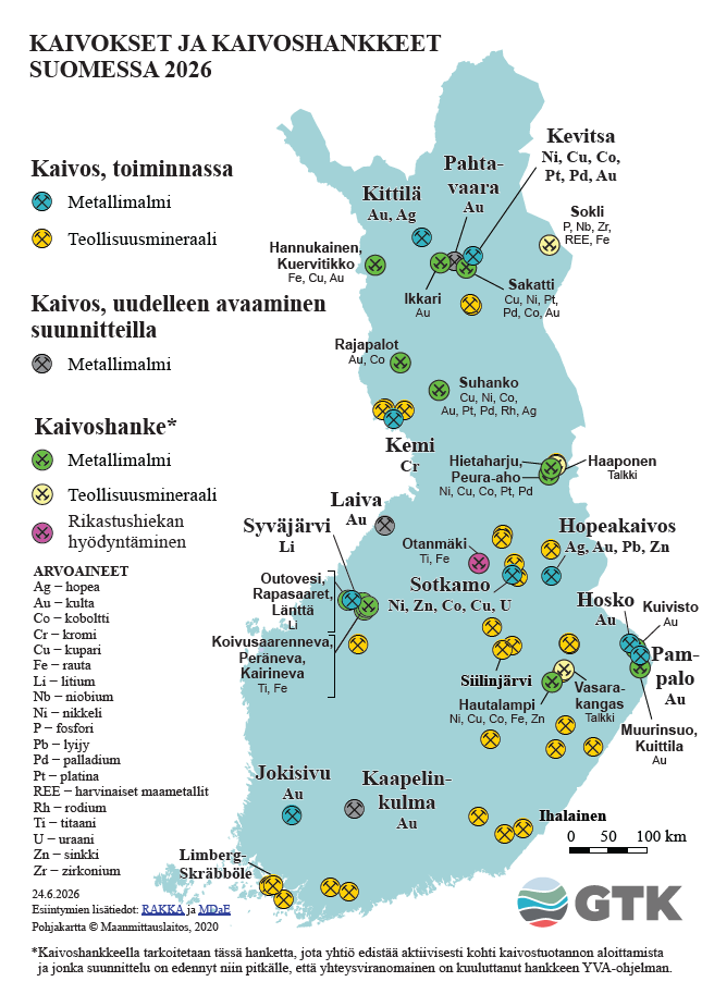 Kartta Suomesta, jossa kaivokset ja kaivoshankkeet vuonna 2026, kaivosten sijainnit, nimet ja louhittavat metallit ja mineraalit, selite symboleille.