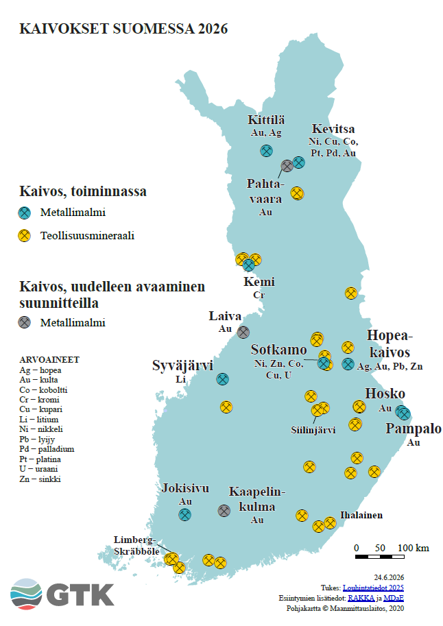 Kartta Suomesta, jossa kaivokset ja esiintymät vuonna 2026, kaivosten sijainnit, nimet ja louhittavat metallit ja mineraalit, selite symboleille.