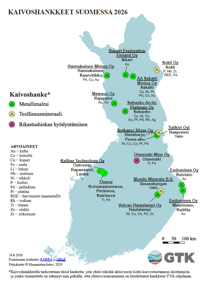 Kartta Suomesta, jossa kaivoshankkeet vuonna 2026, sijainnit, nimet ja mineraalit, selite symboleille.
