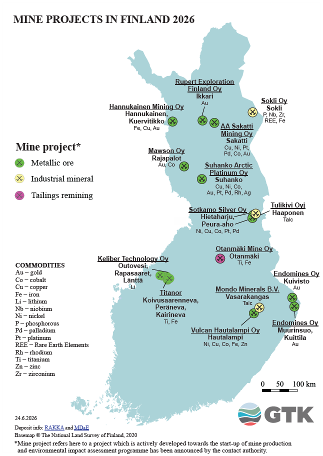 Map of Finland showing mine projects in 2026, locations, names, companies and minerals, legend for symbols.