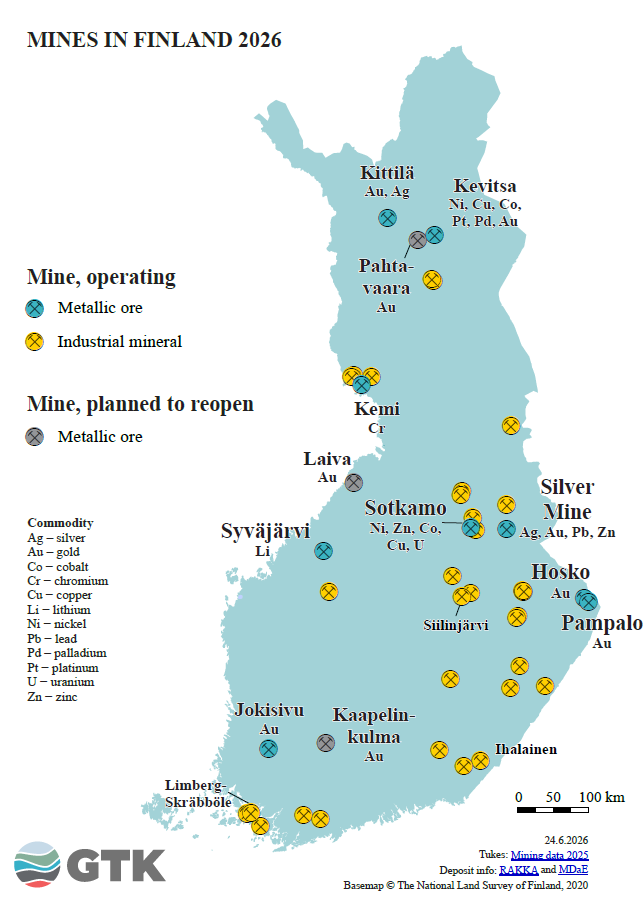 Map of Finland showing mine projects in 2026, locations, names, companies and minerals, legend for symbols.
